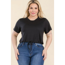 Plus Size Tie Front Drawstring Short Sleeve Crop Top