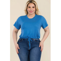 Plus Size Tie Front Drawstring Short Sleeve Crop Top