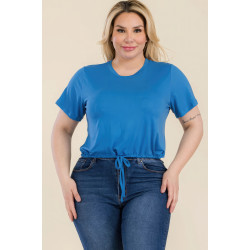 Plus Size Tie Front Drawstring Short Sleeve Crop Top