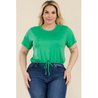 Plus Size Tie Front Drawstring Short Sleeve Crop Top