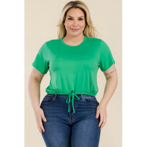 Plus Size Tie Front Drawstring Short Sleeve Crop Top