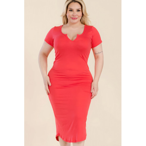 Plus Size Split Neck Bodycon Midi Dress