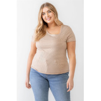 Plus Taupe Waffle Knit Angled Neck Short Sleeve Top