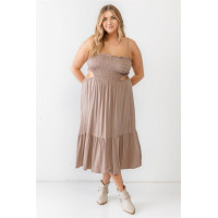 Plus Smocked Cut-out Strappy Flare Hem Midi Dress