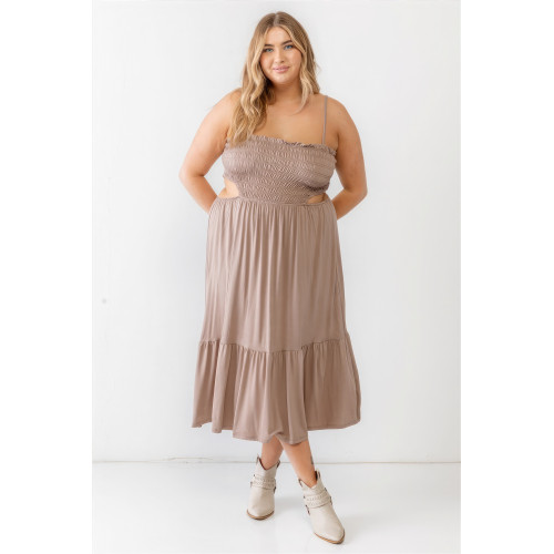 Plus Smocked Cut-out Strappy Flare Hem Midi Dress