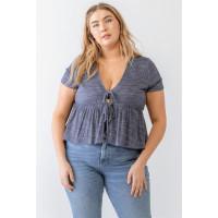 Plus Denim Blue Ribbed U-shape Neck Flare Hem Tie Top