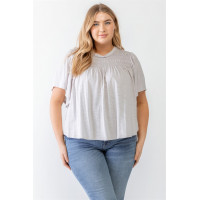 Plus Grey Cotton Blend Smoked Short Sleeve Top