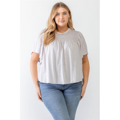 Plus Grey Cotton Blend Smoked Short Sleeve Top