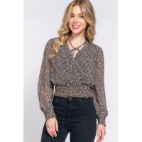 Surplice Smocked Print Chiffon Blouse