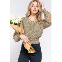 Surplice Smocked Print Chiffon Blouse