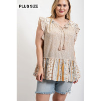 Woven Prints Mixed And Sleeveless Flutter Top With Tassel Tie