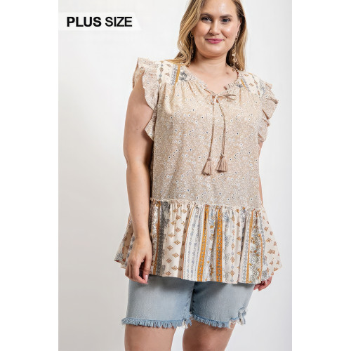 Woven Prints Mixed And Sleeveless Flutter Top With Tassel Tie