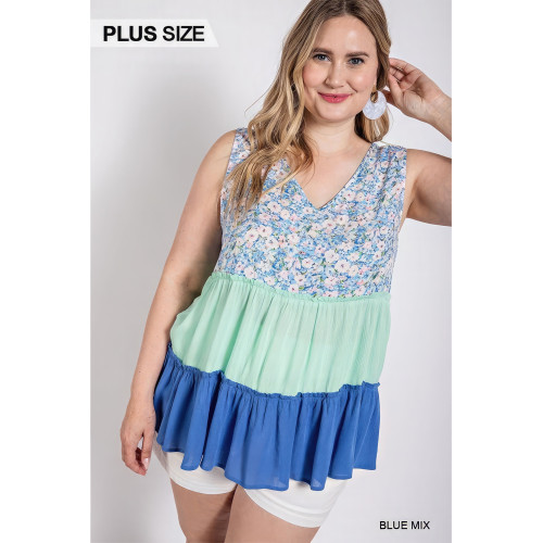 Floral Color Block Ruffle Detail Tiered V-neck Top