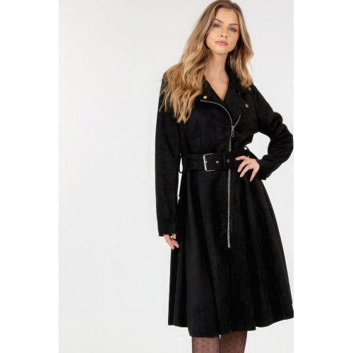 Waist Belt Tacked Faux Suede Coat Solid Coat