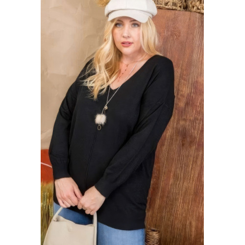 Plus Size V Neck 3/4 Sleeve Side Slit Hi-lo Sweater