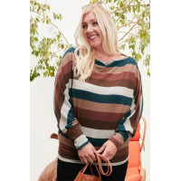 Boat Neck Long Bubble Sleeve Multi Stripe Print Knit Top
