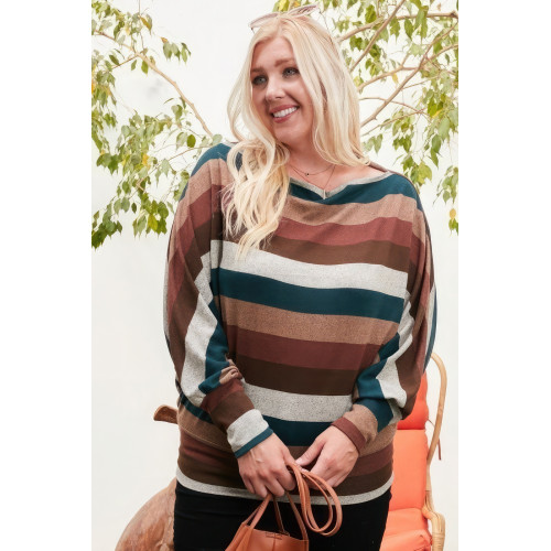 Boat Neck Long Bubble Sleeve Multi Stripe Print Knit Top