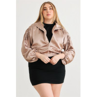 Plus Satin Zip-up Ruched Long Sleeve Cropped Bomber Jacket