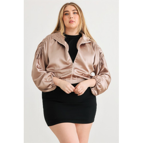Plus Satin Zip-up Ruched Long Sleeve Cropped Bomber Jacket