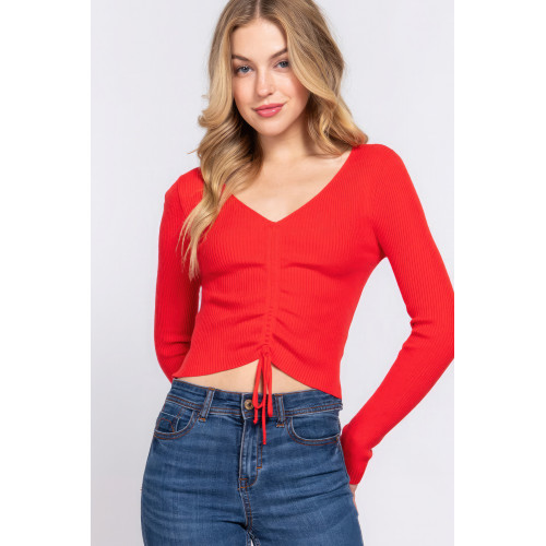 V-neck Shirring Tie Detail Sweater