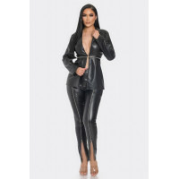 Pu Leather Zipper Pant Set