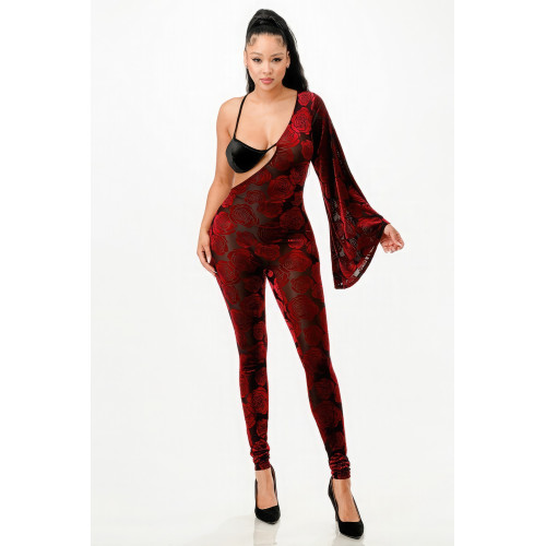 Velvet Flocking Jumpsuit/bell Sleeve