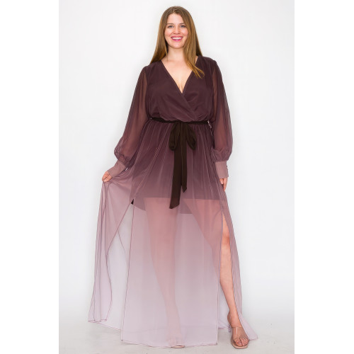 Ombre Chiffon Wrap Front Long Sleeve Tie Waist Slit Front Maxi Dress