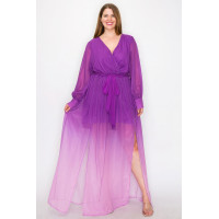 Ombre Chiffon Wrap Front Long Sleeve Tie Waist Slit Front Maxi Dress