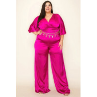 Satin Wrap Front Short Sleeve Smocked Waist Jumpsuit