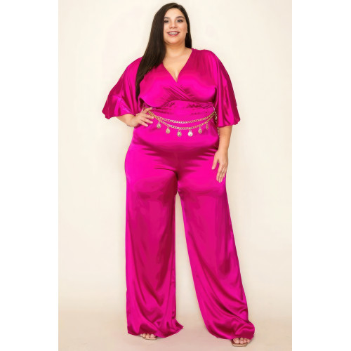 Satin Wrap Front Short Sleeve Smocked Waist Jumpsuit