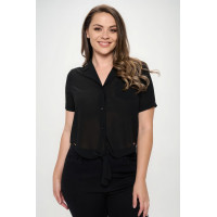 Plus Solid Chiffon Button Down Tie Front Short Sleeve Top