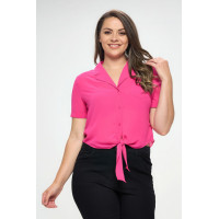 Plus Solid Chiffon Button Down Tie Front Short Sleeve Top