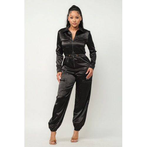 Front Zipper Pockets Top And Pants Jumpsuit