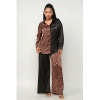 Half Animal Print And Half Solid Top And Pants Set