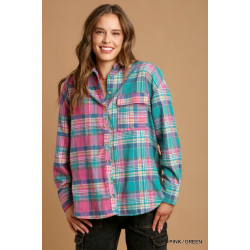 Mixed Plaid Boxy Cut Button Down Flannel With Front Pocket