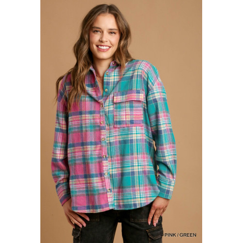 Mixed Plaid Boxy Cut Button Down Flannel With Front Pocket