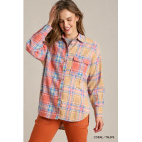 Mixed Plaid Boxy Cut Button Down Flannel With Front Pocket