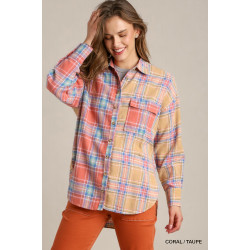 Mixed Plaid Boxy Cut Button Down Flannel With Front Pocket