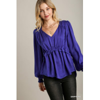 Satin V-neck Ruffle Baby Doll Top With Cuffed Long Sleeve
