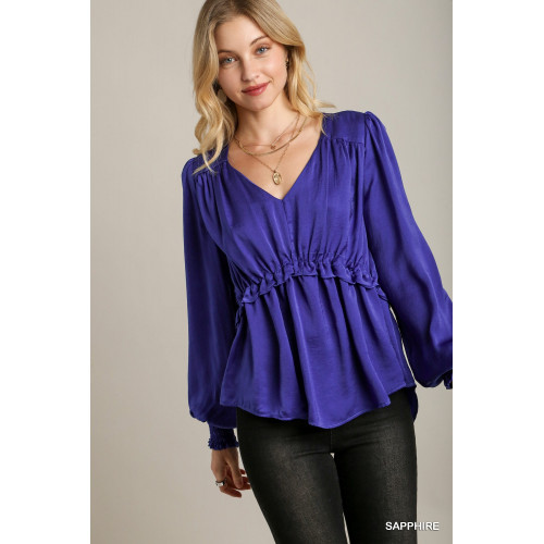 Satin V-neck Ruffle Baby Doll Top With Cuffed Long Sleeve