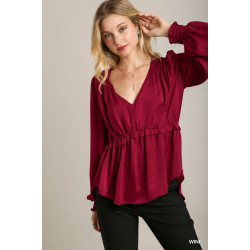 Satin V-neck Ruffle Baby Doll Top With Cuffed Long Sleeve