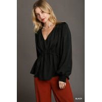 Satin V-neck Ruffle Baby Doll Top With Cuffed Long Sleeve