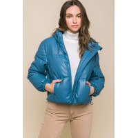Pu Faux Leather Zipper Hooded Puffer Jacket