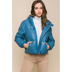 Pu Faux Leather Zipper Hooded Puffer Jacket