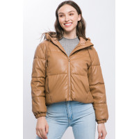 Pu Faux Leather Zipper Hooded Puffer Jacket