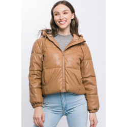 Pu Faux Leather Zipper Hooded Puffer Jacket