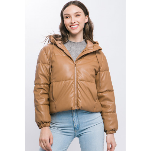 Pu Faux Leather Zipper Hooded Puffer Jacket