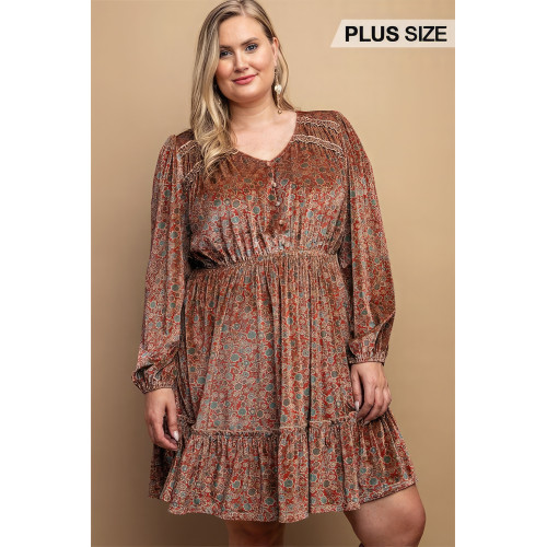 Printed Velvet V-neck Dress With Button Front Detail