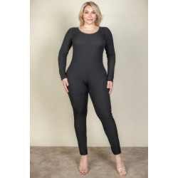 Plus Size Ribbed Scoop Neck Long Sleeve Jumpsuit