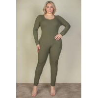 Plus Size Ribbed Scoop Neck Long Sleeve Jumpsuit